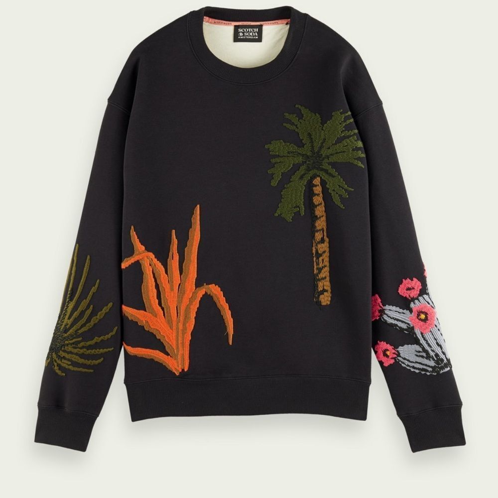 Embroidered Crewneck Sweatshirt Navy Botanicals Palm Tree Men's Medium